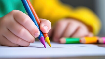 Naklejka premium A child is coloring with colored pencils on a piece of paper, AI