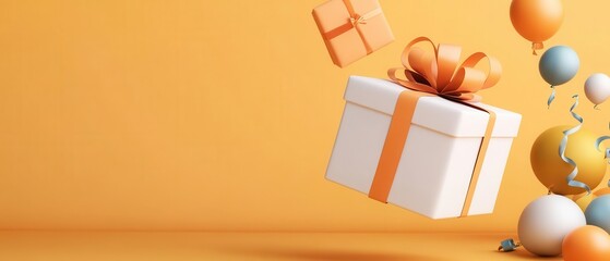 Floating gift boxes with ribbons, joyful birthday atmosphere, 3D illustration