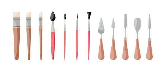 Set of various shaped paint brushes and palette knifes. Painting tools icons. Vector illustration