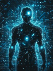 A digital rendering of a human figure with glowing blue lines forming a circuit board pattern around the figure.