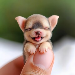 A tiny chihuahua puppy with big brown eyes and a playful smile sits on a finger.