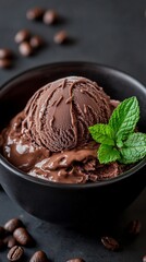 Chocolate ice cream with mint in black bowl