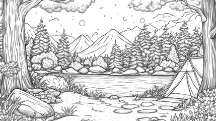 Camping themed coloring book page illustration
