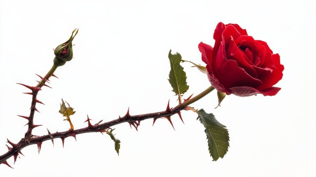 Red rose blooming on a branch covered with thorns on white background