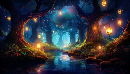 Obraz premium Enchanted forest at night with glowing lanterns and trees. Mystical and ethereal. Perfect for fantasy or fairytale themes.