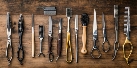 Assortment of hairdressing tools arranged neatly on a wooden surface, offering ample space for text or design elements