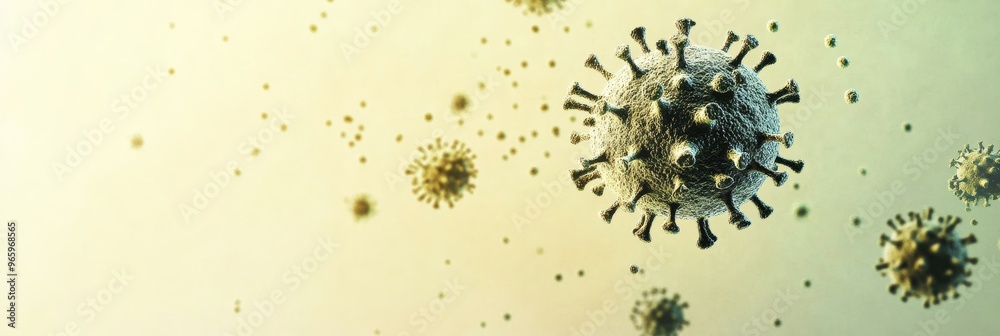 Poster Multiple monkeypox virus particles floating in the air with a muted green background. Representation of viral spread and outbreak.
