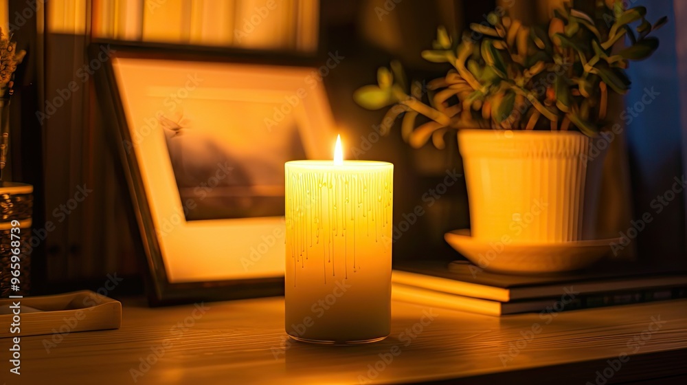 Canvas Prints a candle in an amber jar on the desk