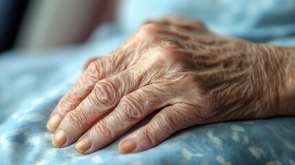 Fototapeta premium Hand of elderly person, person with arthritis, concept of care for aging society.