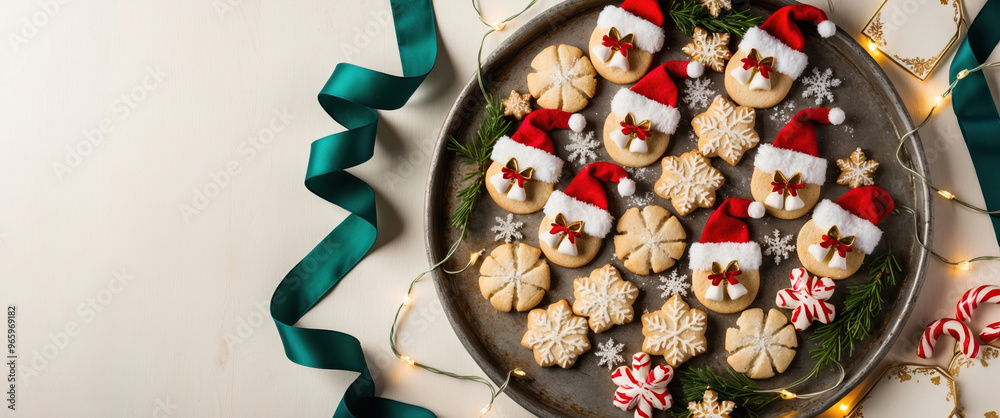 Wall mural christmas concept banner with festive cookies wearing santa hats on rustic background