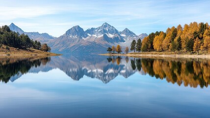 A calm lake reflecting the surrounding mountains and trees, creating a mirror-like effect