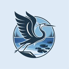 Silhouette of a flying great heron. Graphic Drawing Vector