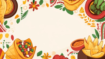 Fototapeta premium Festive Mexican Cuisine Display with Vibrant Marigold Border for Custom Graphics and Text Placement