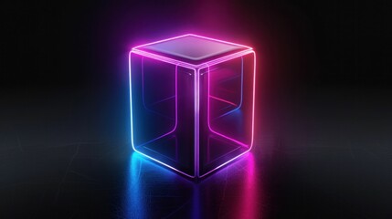 Neon glowing cube on a dark background with vibrant colors emitting light from its edges