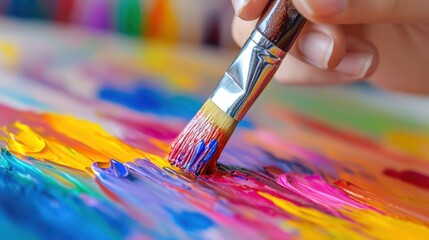 Fototapeta premium A person painting with a paintbrush on colorful paper, AI