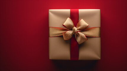 Elegant Gift Wrapped with Golden Ribbon on Red Background