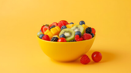 Colorful Assortment of Fresh Fruits in a Bowl on Yellow Background