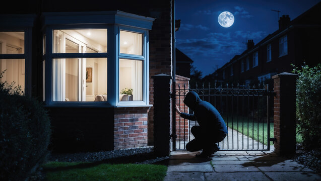 Thief is trying to break into a house at night by tampering with the gate lock