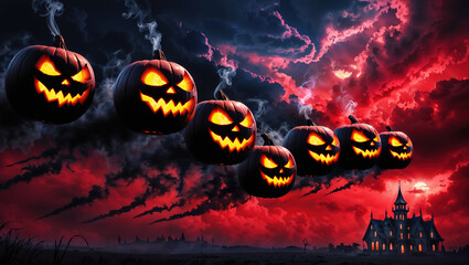 Halloween pumpkins floating in front of haunted house with red sky background