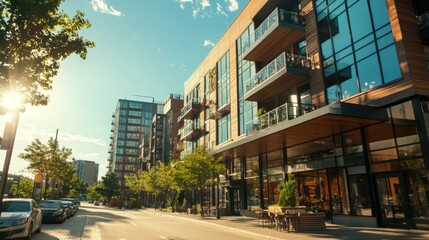 A street-level view of a trendy, urban apartment building with retail spaces on the ground floor in a lively downtown area.