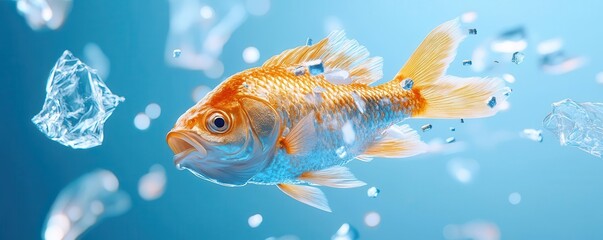Goldfish swimming in blue water with plastic pollution.