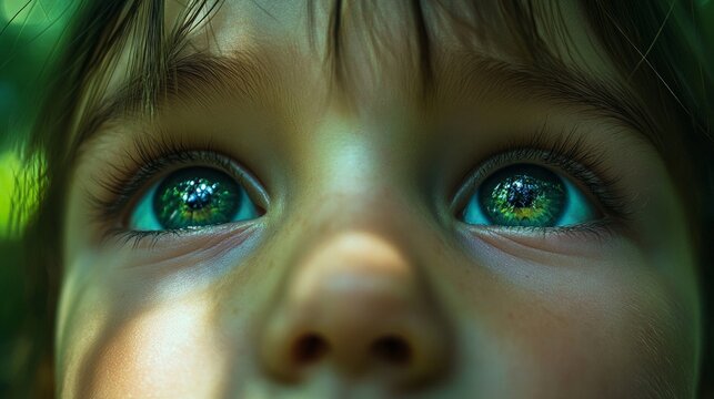 Close-up of a child&acirc; xeyes full of wonder, soft focus on their gaze, blurred background of a magical forest