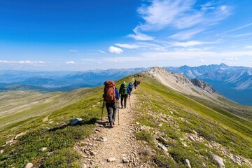 Obraz premium A group of people hiking up a mountain trail, with vast scenic views in the background