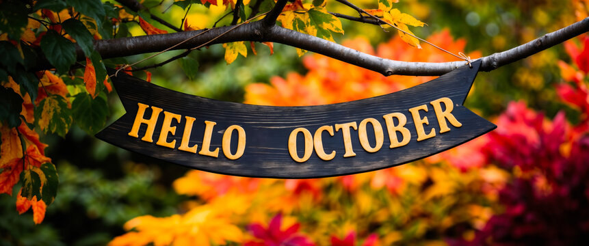 Hello october greeting sign hanging on tree branch with autumn leaves background