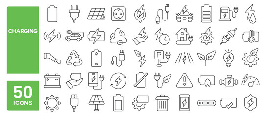 Set of 50 line icons related to charging, energy, battery, recharge, electric, charging, car, lighting, solar, socket, power, Editable stroke. Vector illustration