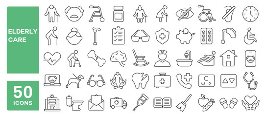 Set of 50 line icons related to elderly care, caregiver, senior, pensioner, generation, nursing, patient, old, support, medicine, Editable stroke. Vector illustration