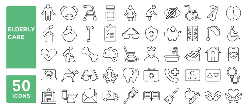 Set of 50 line icons related to elderly care, caregiver, senior, pensioner, generation, nursing, patient, old, support, medicine, Editable stroke. Vector illustration