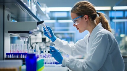 Lab technician analyzing DNA samples, modern equipment with a background of high-tech lab, focused and methodical approach