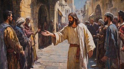 Fototapeta premium Jesus christ extending hand in welcome in jerusalem street