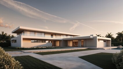 Fototapeta premium Modern minimalist white house with swimming pool at sunset providing copy space