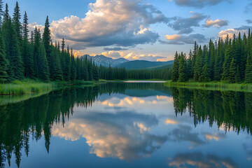 Fototapeta premium Tranquil mountain lake with reflection of clouds and trees.