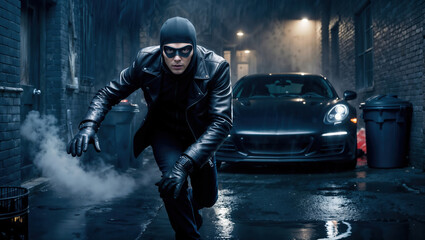 Obraz premium Masked man is crouching in a dark city alley at night approaching a luxury car