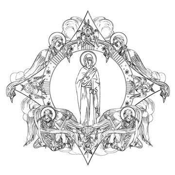 saint surrounded by angels, black and white clip art preview