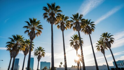 Obraz premium Sun shining through palm trees at sunset in the city