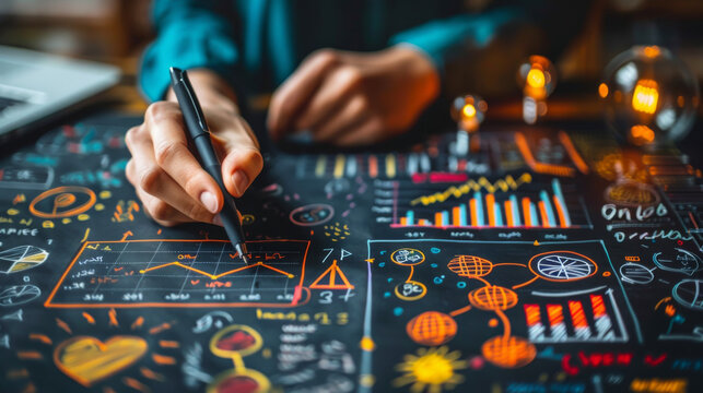 Creating business planning concept with colorful charts and graphs, showcasing analytical thinking and creativity.