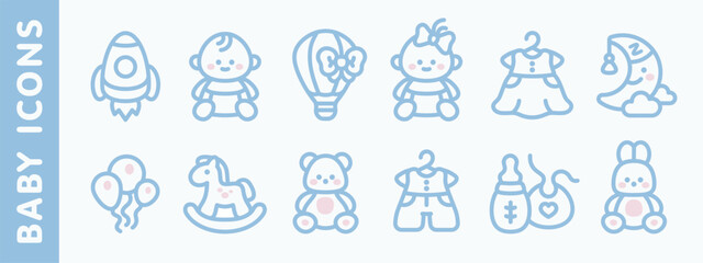 Obraz premium Set of baby care vector icons isolated on background. Infant symbol, bib, baby boy, baby girl, bear, bunny, balloons, rocket, hot air balloon. Newborn pictogram