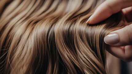Fototapeta premium A stylists hands carefully placing hair extensions, blending them seamlessly into a clients natural hair.