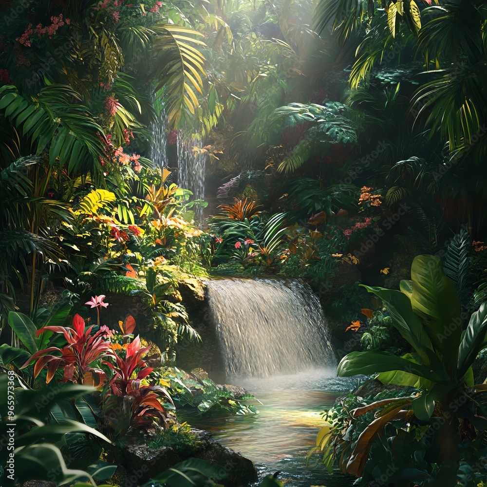 Canvas Prints Lush tropical rainforest with a cascading waterfall and a stream flowing through it.