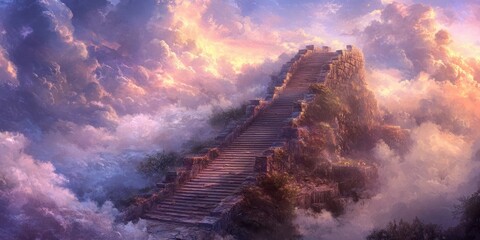 Fototapeta premium Stone Steps Leading Up to a Cloudy Mountaintop