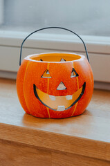 focus on a Jack o Lantern halloween pumpkin decoration