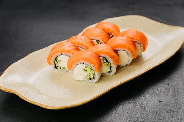Philadelphia salmon sushi rolls with creamy filling, perfect for Japanese cuisine lovers 