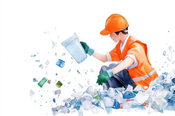 A sanitation worker in a bright orange uniform collects plastic bottles.