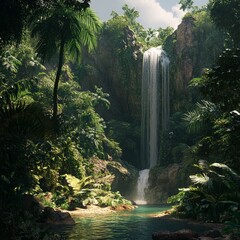 Lush tropical rainforest with a cascading waterfall flowing into a tranquil pool.