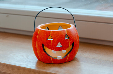 focus on a Jack o Lantern halloween pumpkin decoration