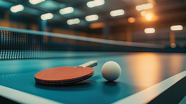 A table tennis paddle and ball resting on the corner of a ping pong table in a recreational center. - Powered by Adobe