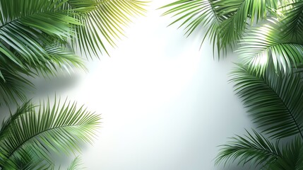 Naklejka premium Lush green palm leaves frame a bright, serene background, perfect for tropical themes or nature-inspired designs.